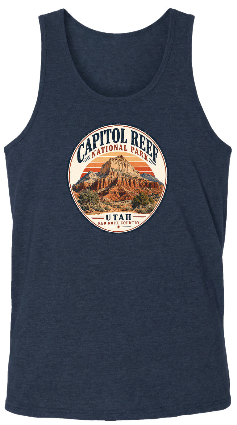 A tank top with a circular design featuring the Capitol Reef National Park in Utah.