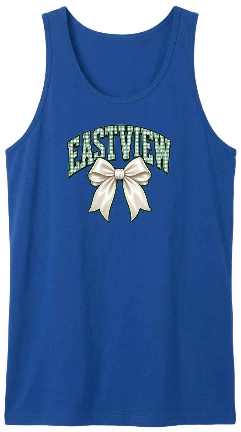 A blue tank top with a white bow and the word "EASTVIEW" printed on it.
