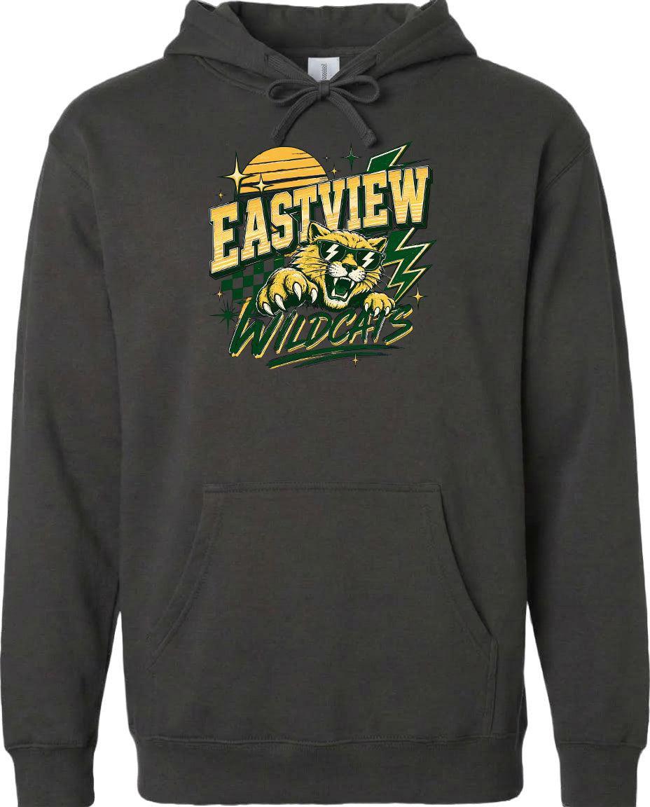 A black hoodie with a graphic design featuring a tiger and the text "EASTVIEW WILDCATS" printed on it.