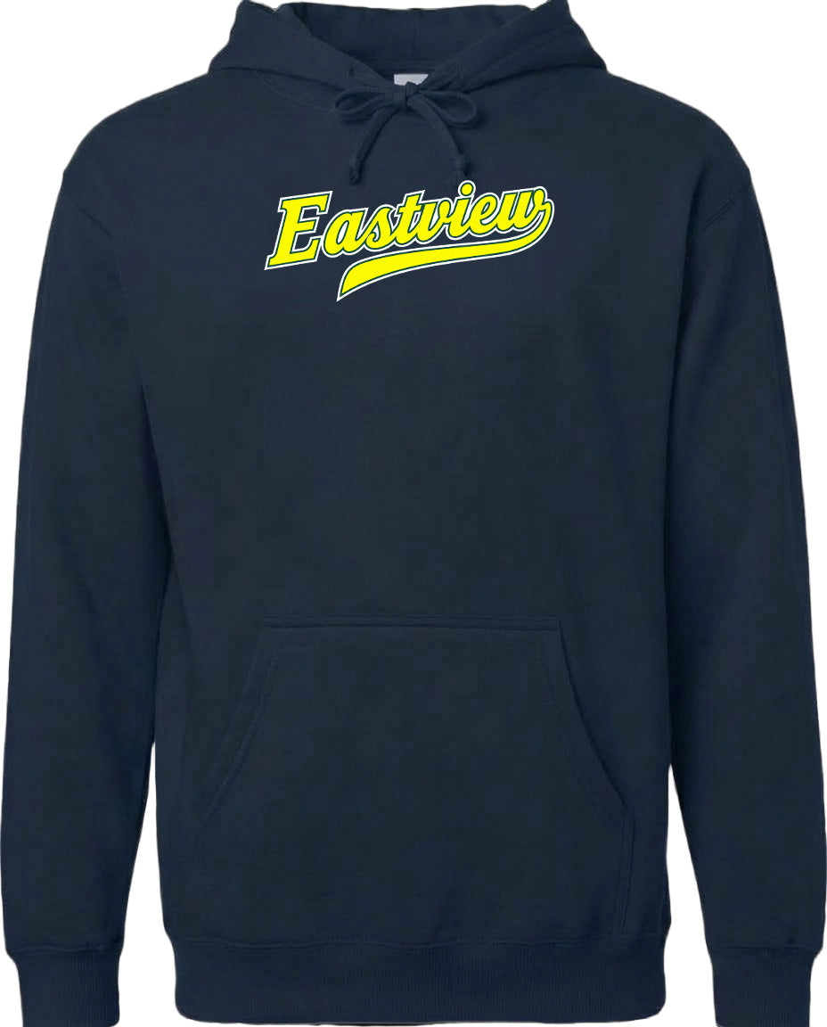A navy blue hoodie with a yellow logo on the front.