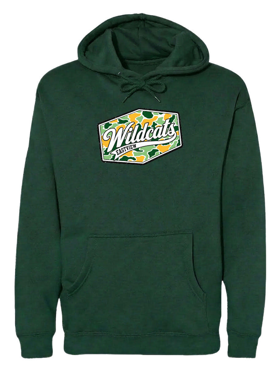 A dark green hoodie with a logo on the front.