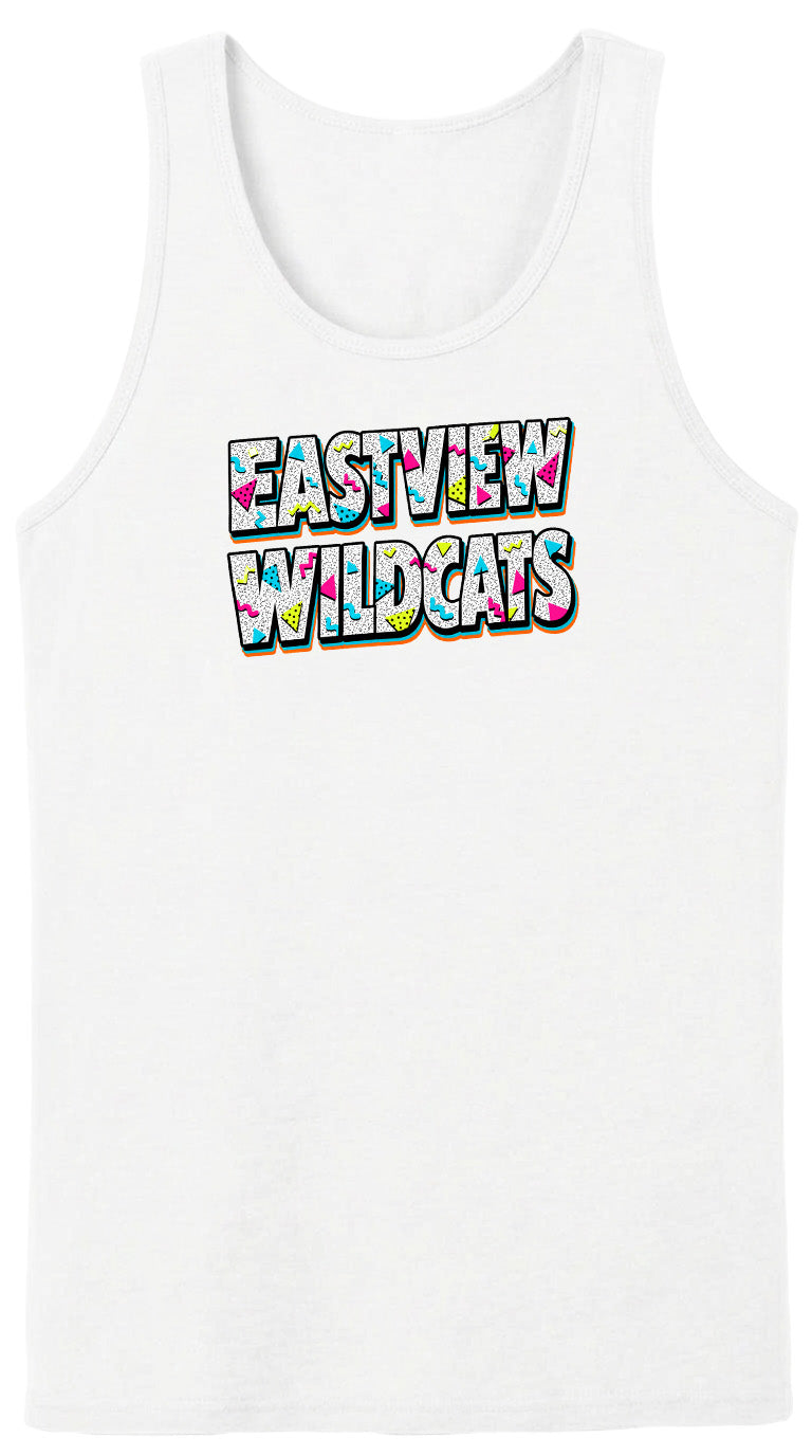 A white tank top with the text "EASTVIEW WILDCATS" printed on it in a colorful, stylized font.