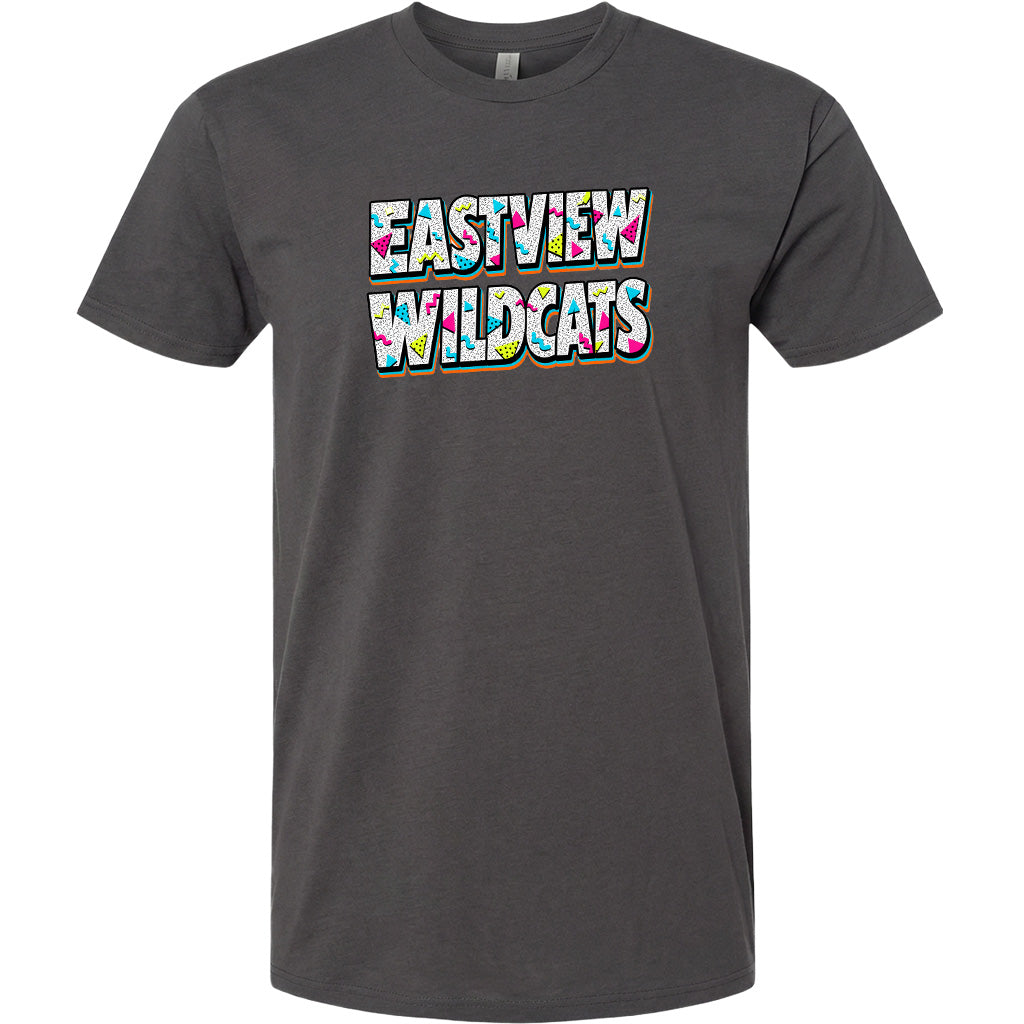 A gray t-shirt with the text "EASTVIEW WILDCATS" printed on it in a colorful, stylized font.