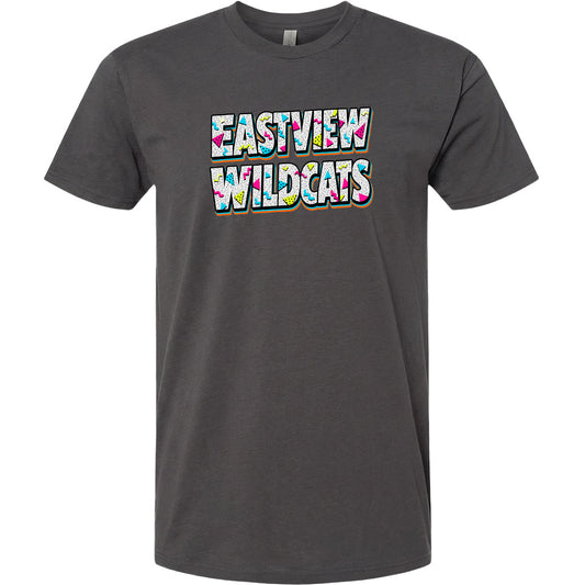 A gray t-shirt with the text "EASTVIEW WILDCATS" printed on it in a colorful, stylized font.