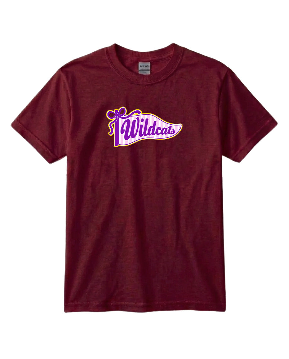 A burgundy-colored t-shirt with a graphic design featuring the text "Wildcats" in purple and yellow colors.