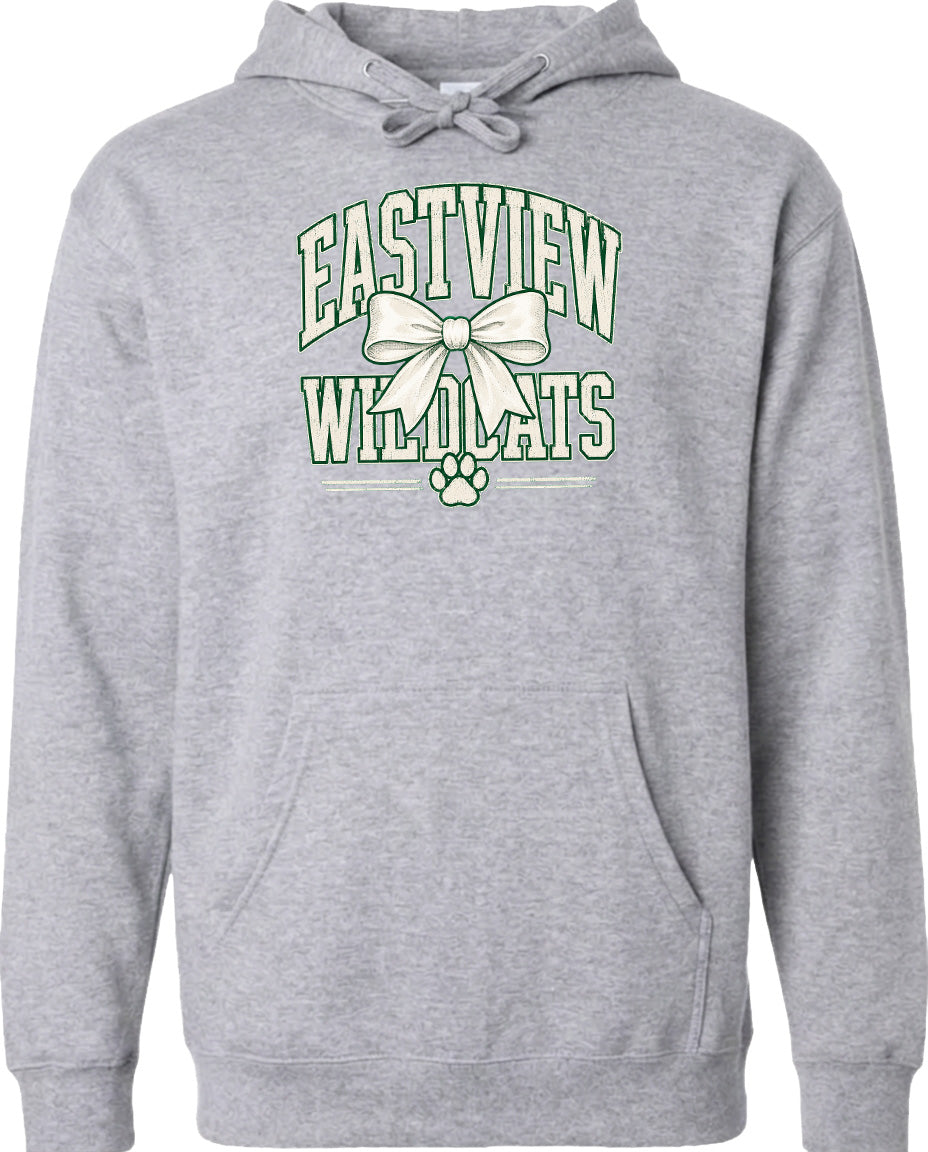 A gray hoodie with a graphic design featuring the text "EASTVIEW WILDLIFE" and a bow, along with a paw print.
