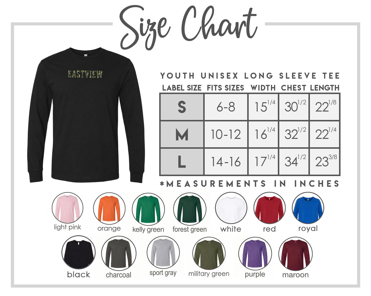 The image is a size chart for a youth unisex long sleeve tee, including various color options and corresponding measurements.