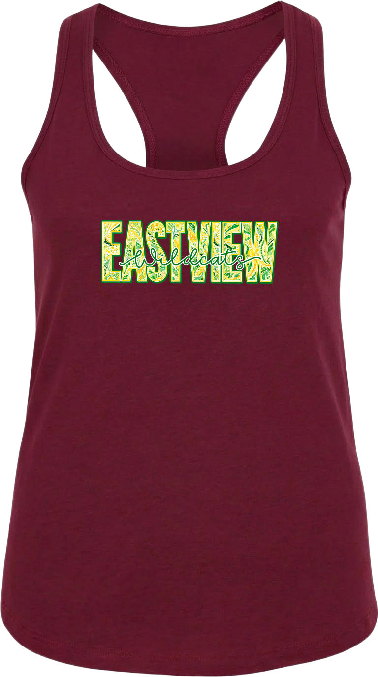 A burgundy-colored tank top with the text "EASTVIEW" printed on it in a stylized font.