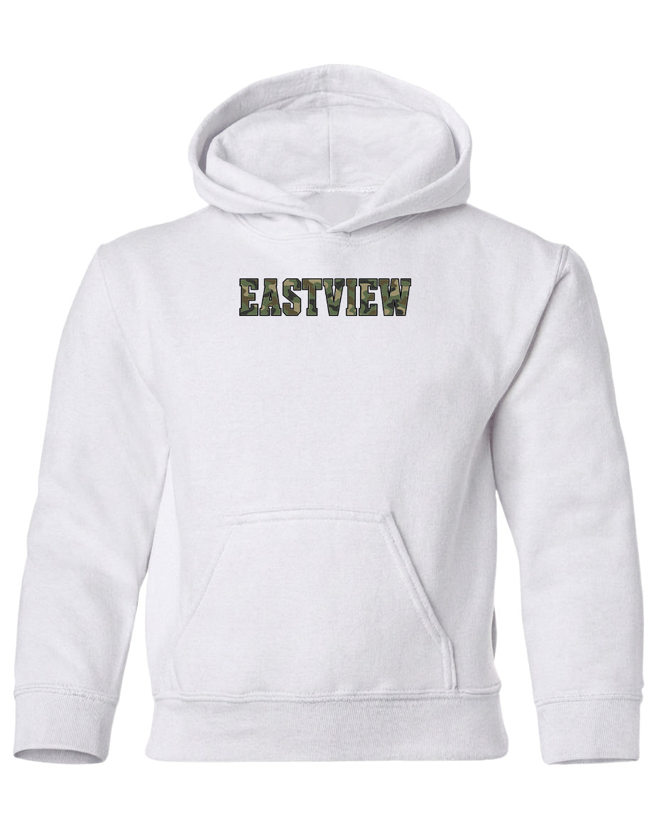 A white hooded sweatshirt with the text "EASTVIEW" printed on it.