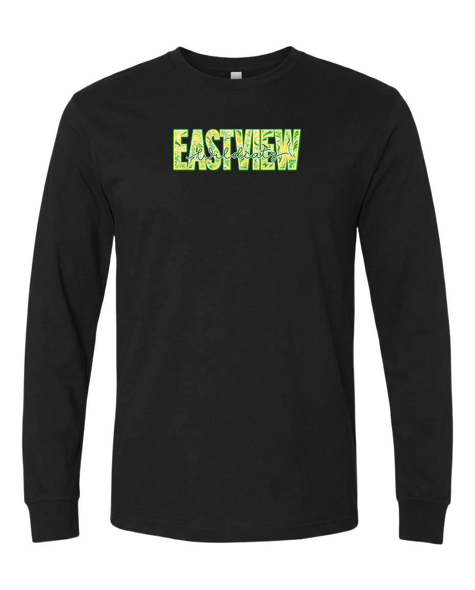 A black long-sleeved t-shirt with the word "EASTVIEW" printed in green and yellow letters across the front.