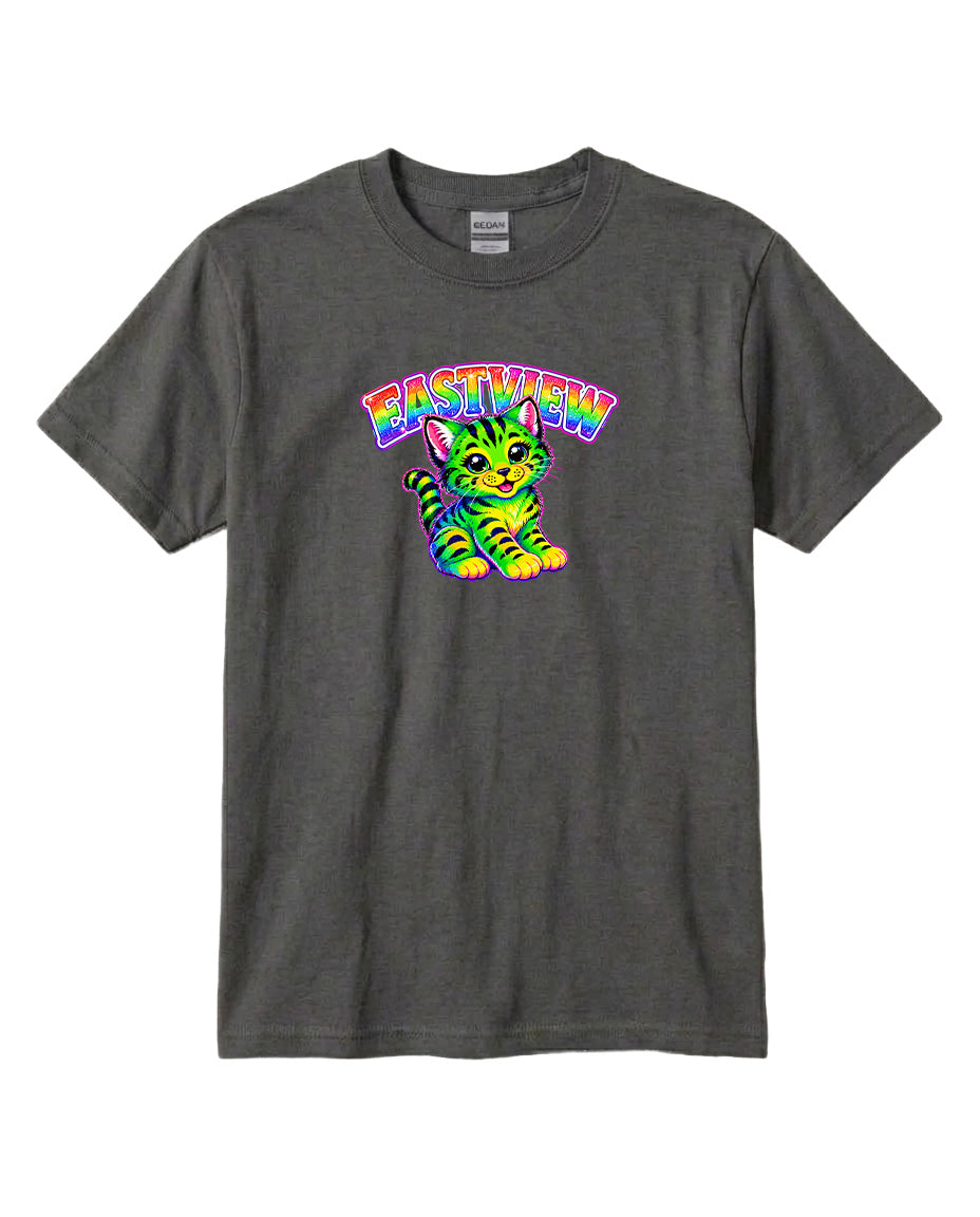 A gray t-shirt with a colorful graphic of a cat and the text "EASTVIEW" printed on it.