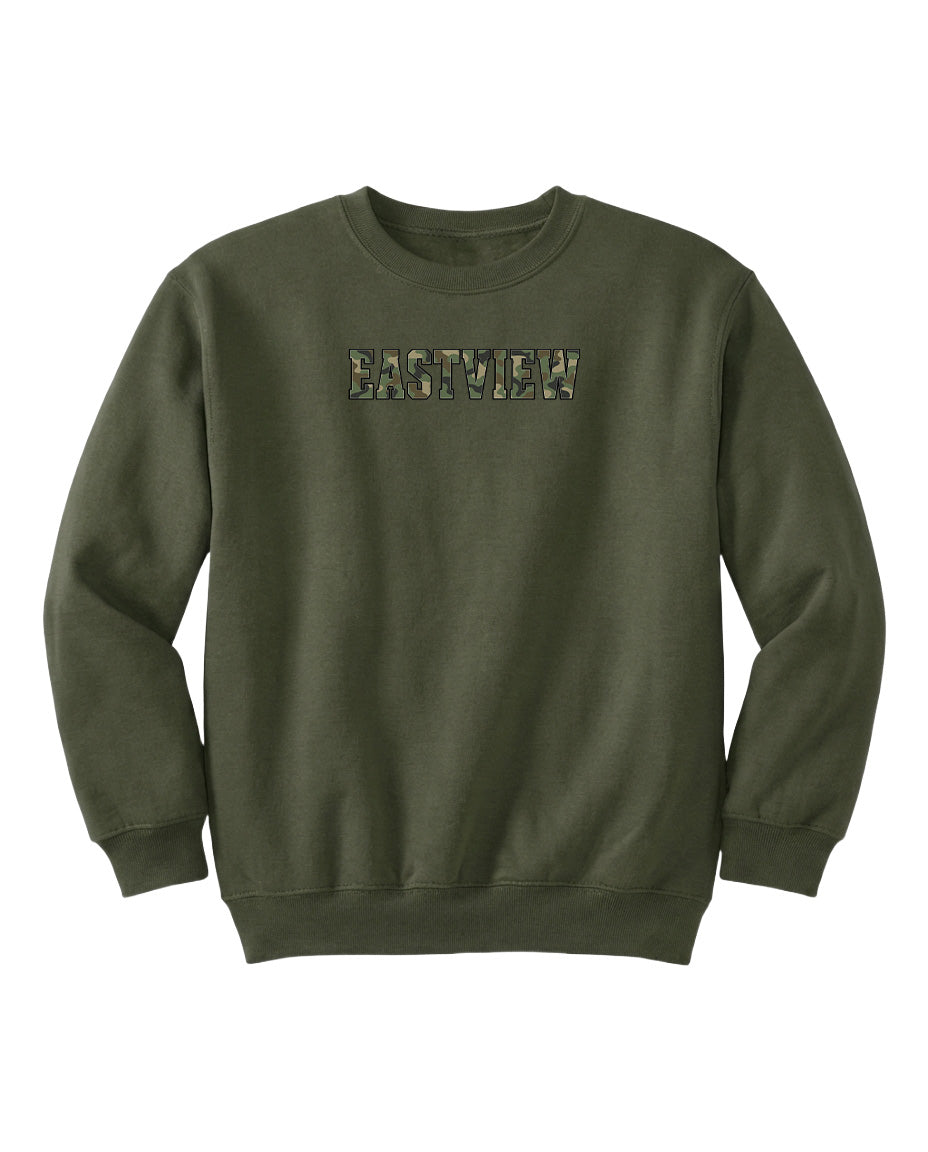 A dark green sweatshirt with the word "EASTVIEW" printed on it in a camouflage pattern.