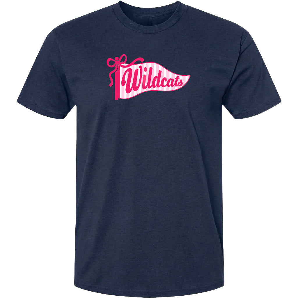 A navy blue t-shirt with a pink and white graphic design featuring the word "Wildcats" in a stylized font.