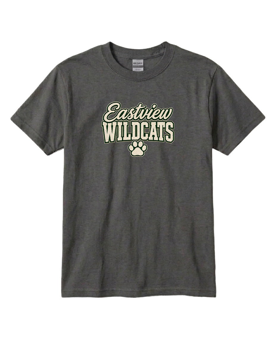 A gray t-shirt with the text "Eastview Wildcats" printed on it.