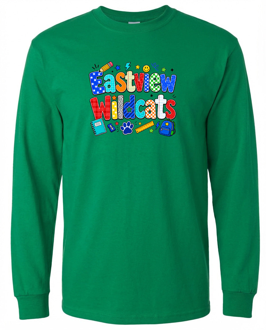 A bright green long-sleeved shirt with a colorful graphic design featuring the text "Eastview Wildcats" and various school-related icons such as a pencil, backpack, and book.