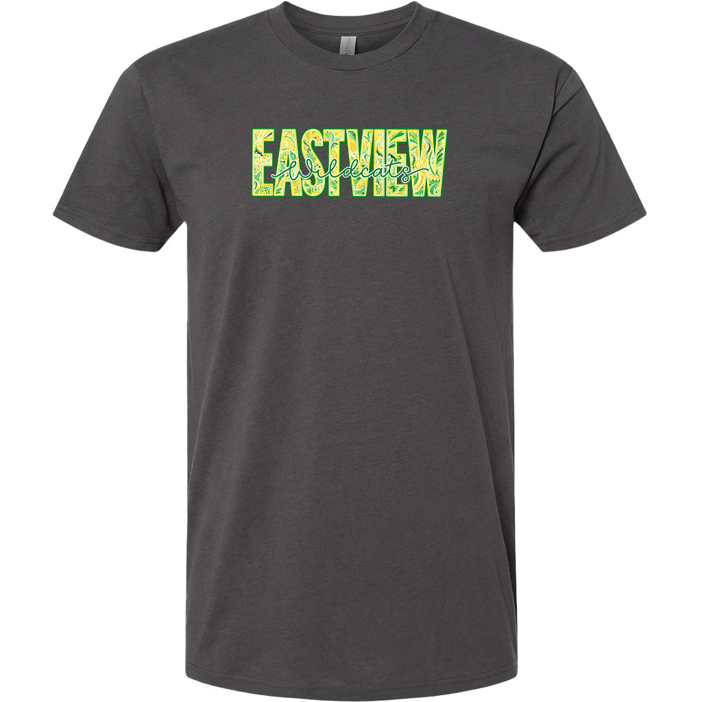 A gray t-shirt with the text "EASTVIEW" printed in green and yellow letters.