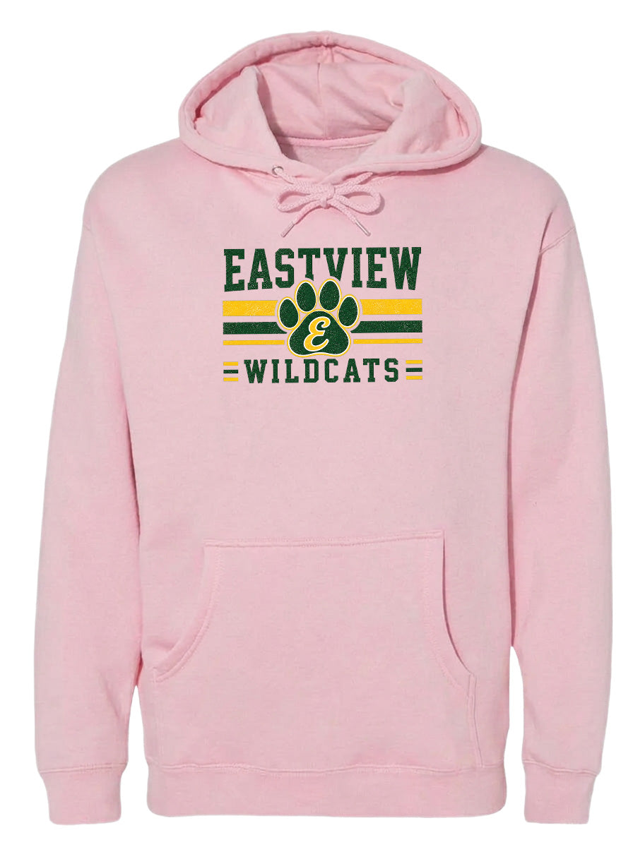 A pink hoodie with a graphic design featuring a paw print and the text "EASTVIEW WILDCATS".