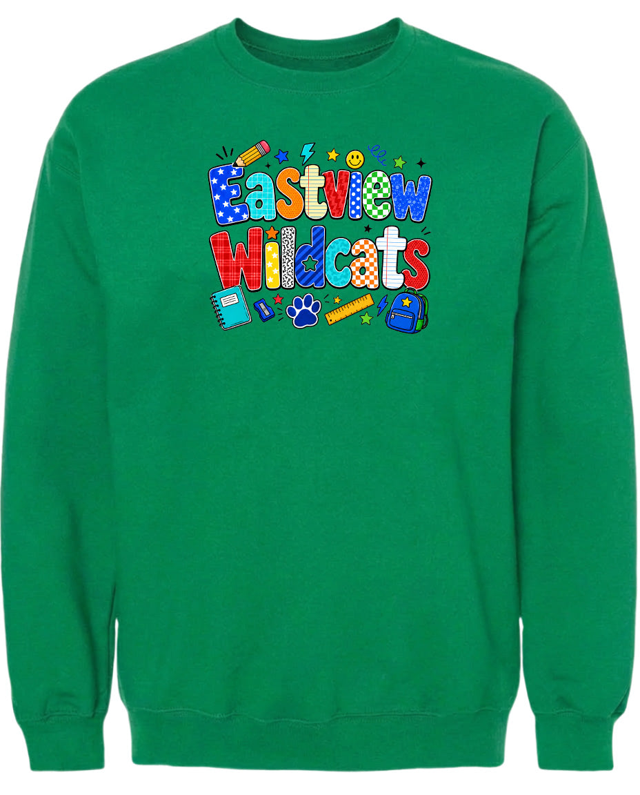 A bright green sweatshirt with the text "Eastview Wildcats" printed on it.