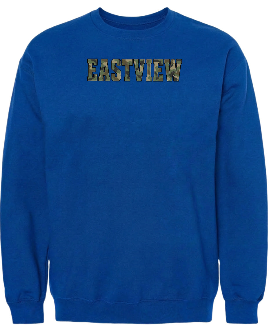 A blue sweatshirt with the word "EASTVIEW" printed on it.