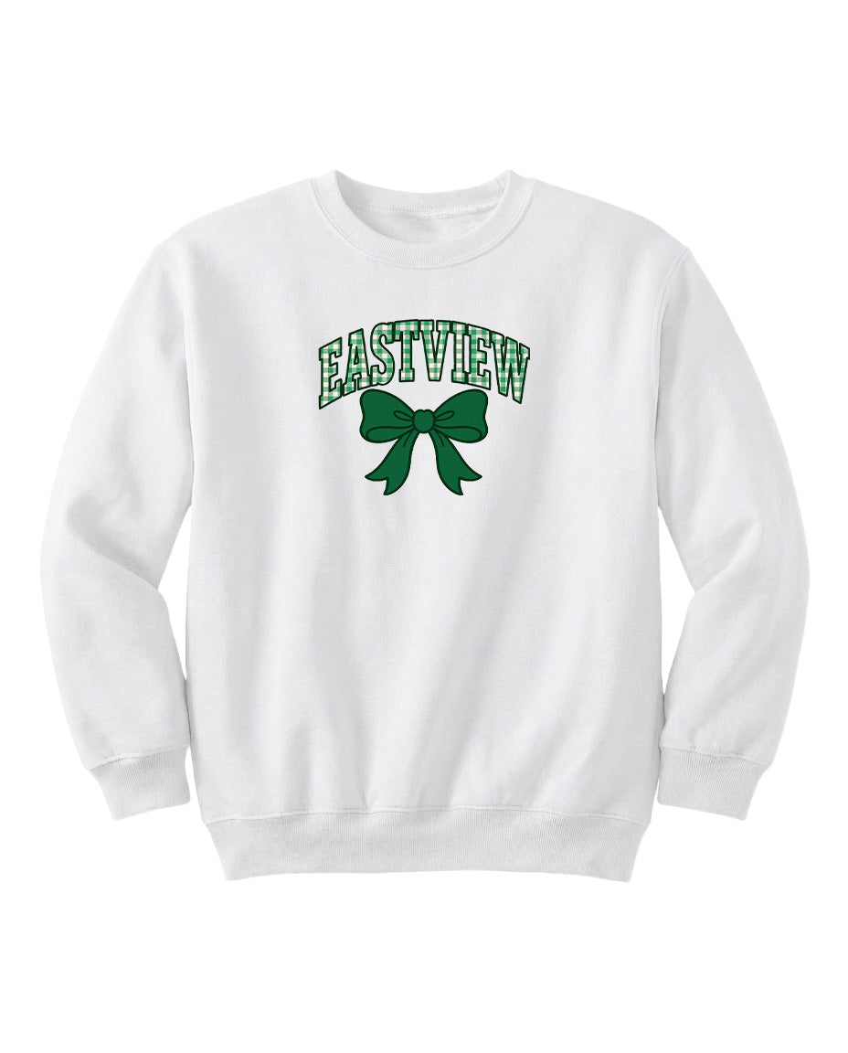 A white sweatshirt with the word "EASTVIEW" printed on it, along with a green bow graphic.
