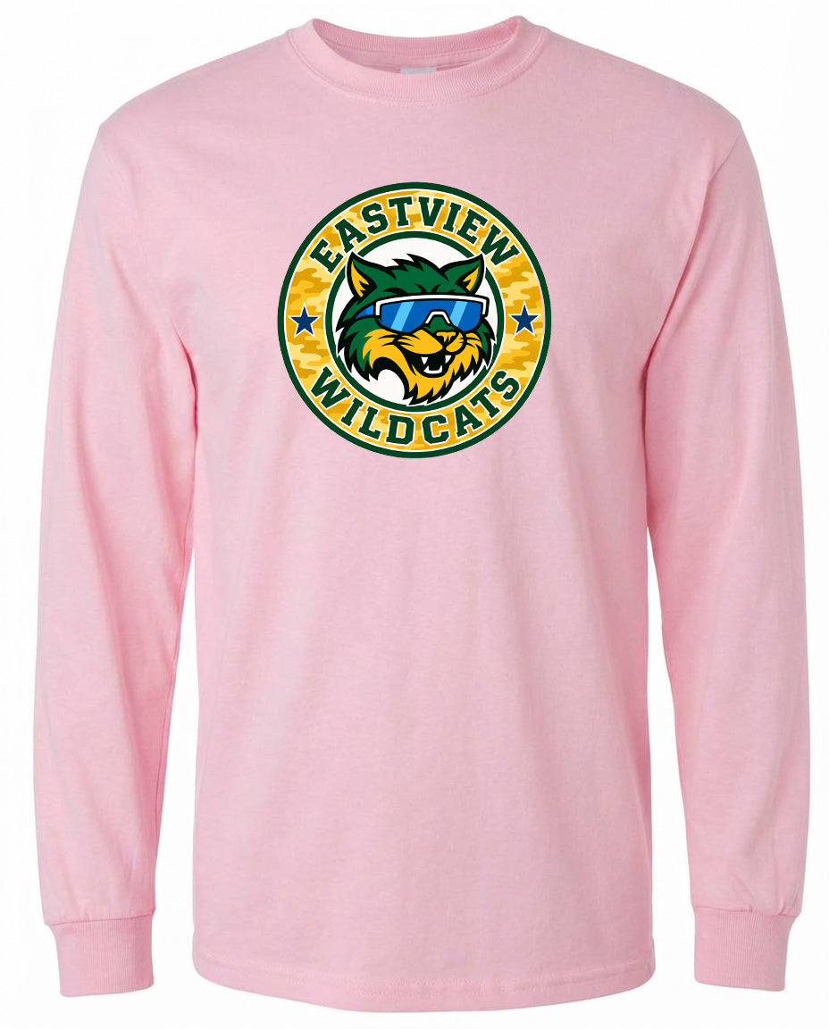 A pink long-sleeved t-shirt with a graphic design featuring a cartoon cat wearing sunglasses and the text "EASTVIEW WILDCATS" around it.