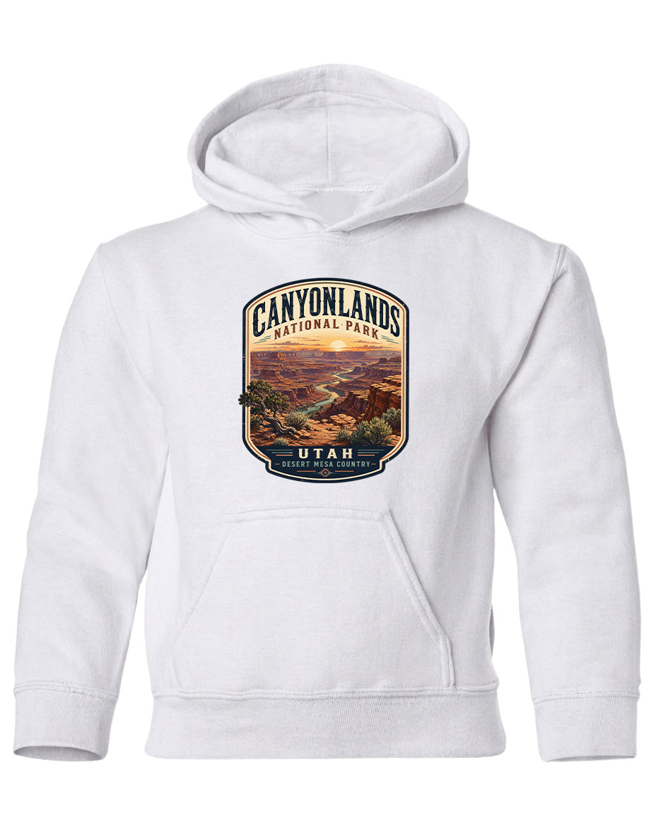 A white hoodie with a graphic design depicting the scenic landscape of Canyonlands National Park in Utah.