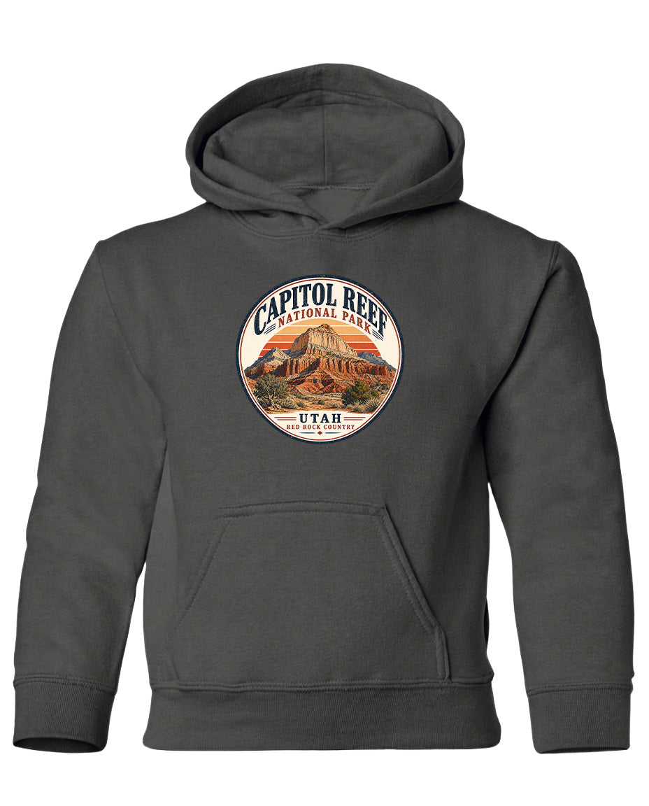 A gray hooded sweatshirt with a circular logo featuring the Capitol Reef National Park in Utah.