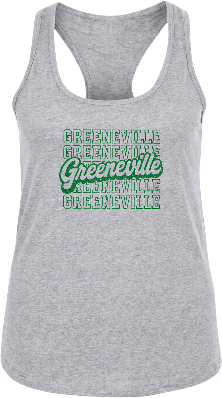 A gray tank top with the text "GREENVILLE" printed in green and white on it.