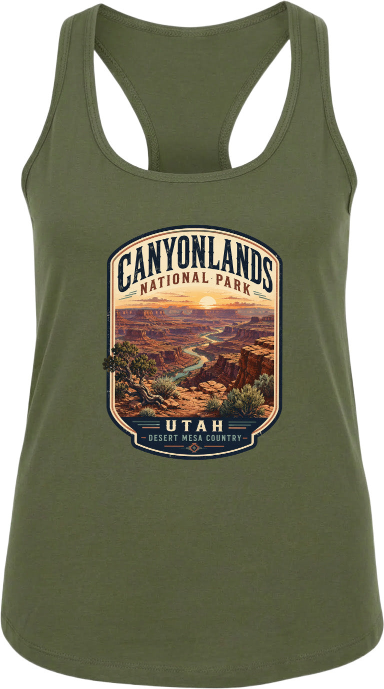 A green tank top with a graphic design depicting the scenic landscape of Canyonlands National Park in Utah.