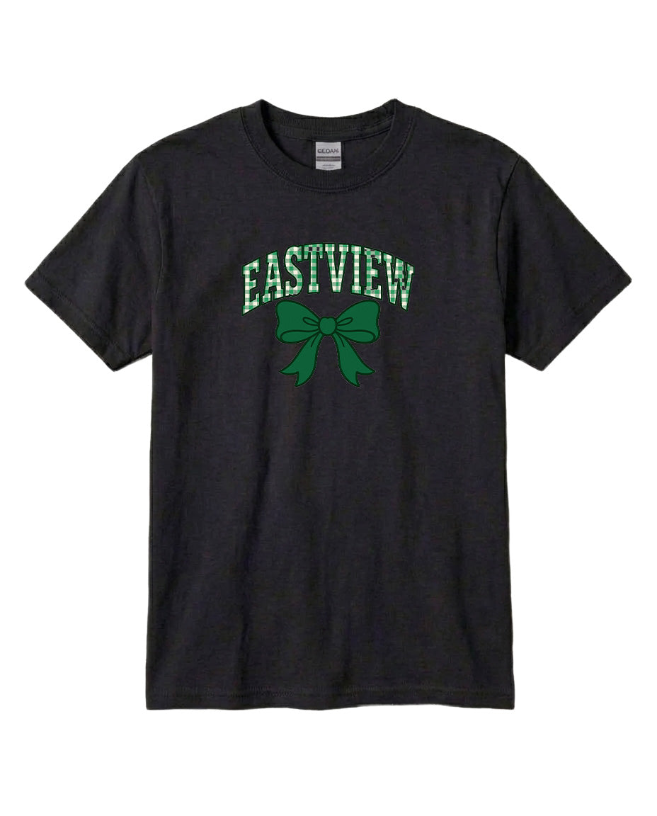 A black t-shirt with a green bow and the word "EASTVIEW" printed on it.