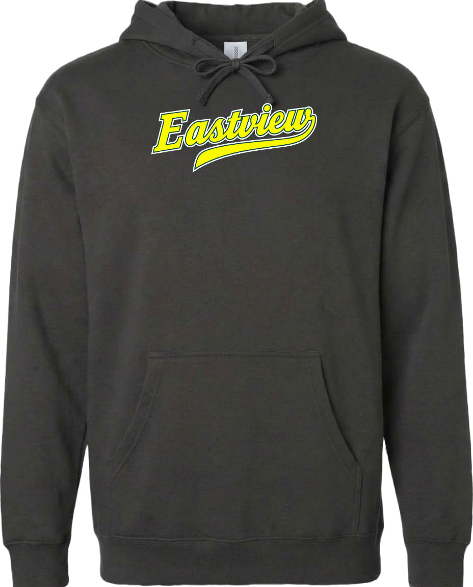 A black hoodie with a yellow logo on the front.