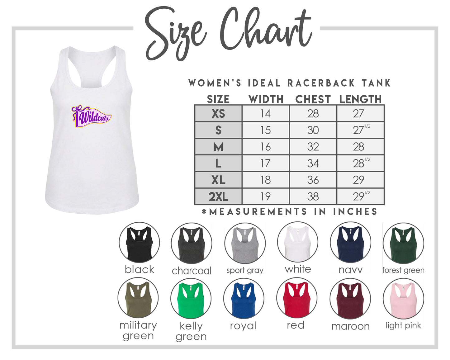 The image is a size chart for a women's ideal racerback tank, including various color options and corresponding chest length measurements.