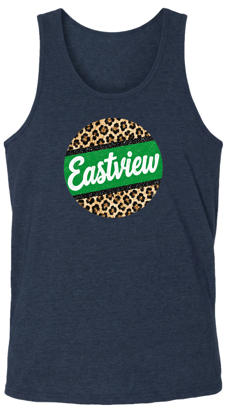 A navy blue tank top with a circular graphic design on the front. The design features a leopard print pattern and the word "Eastview" written in white text.