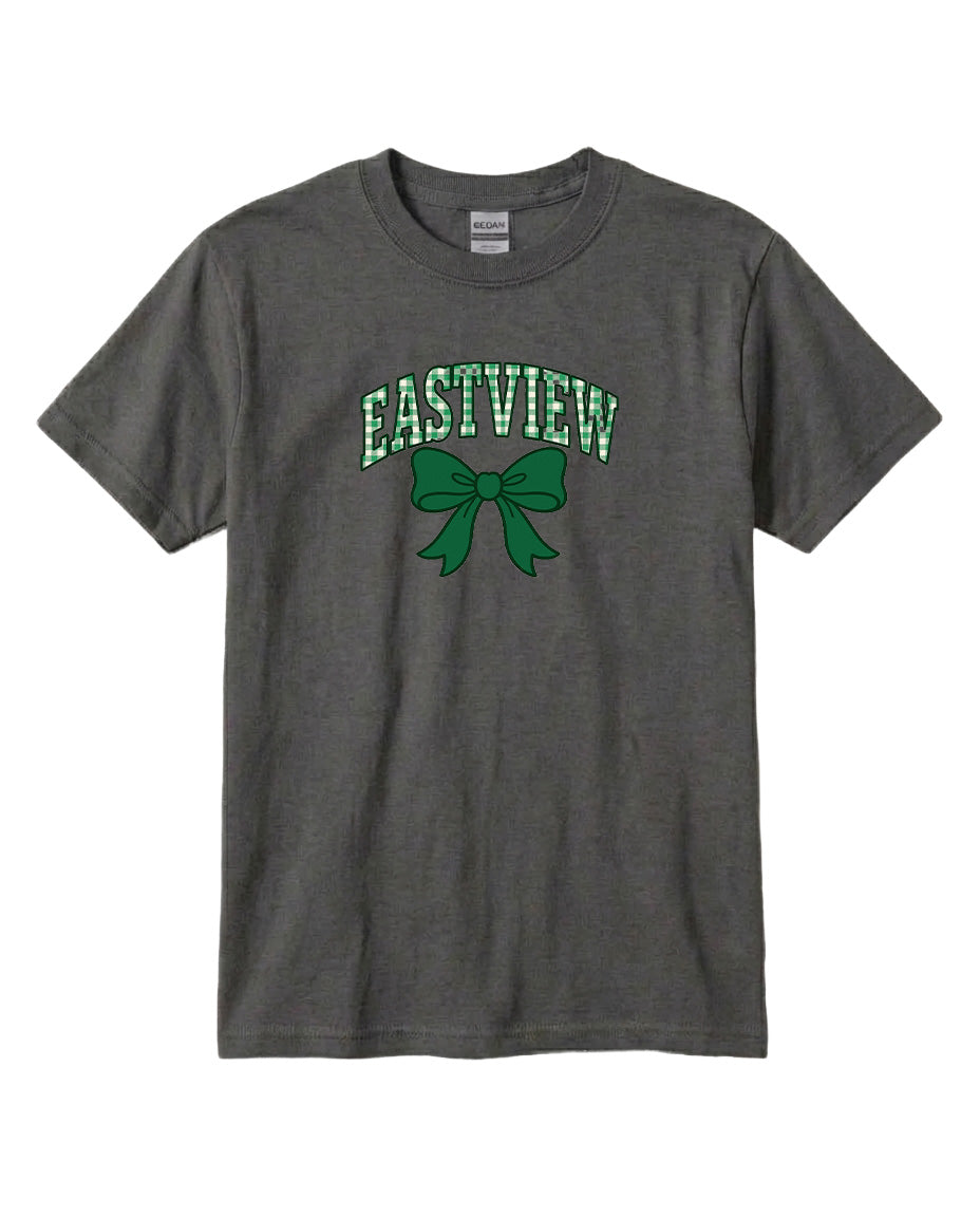 A gray t-shirt with a green bow and the word "EASTVIEW" printed on it.