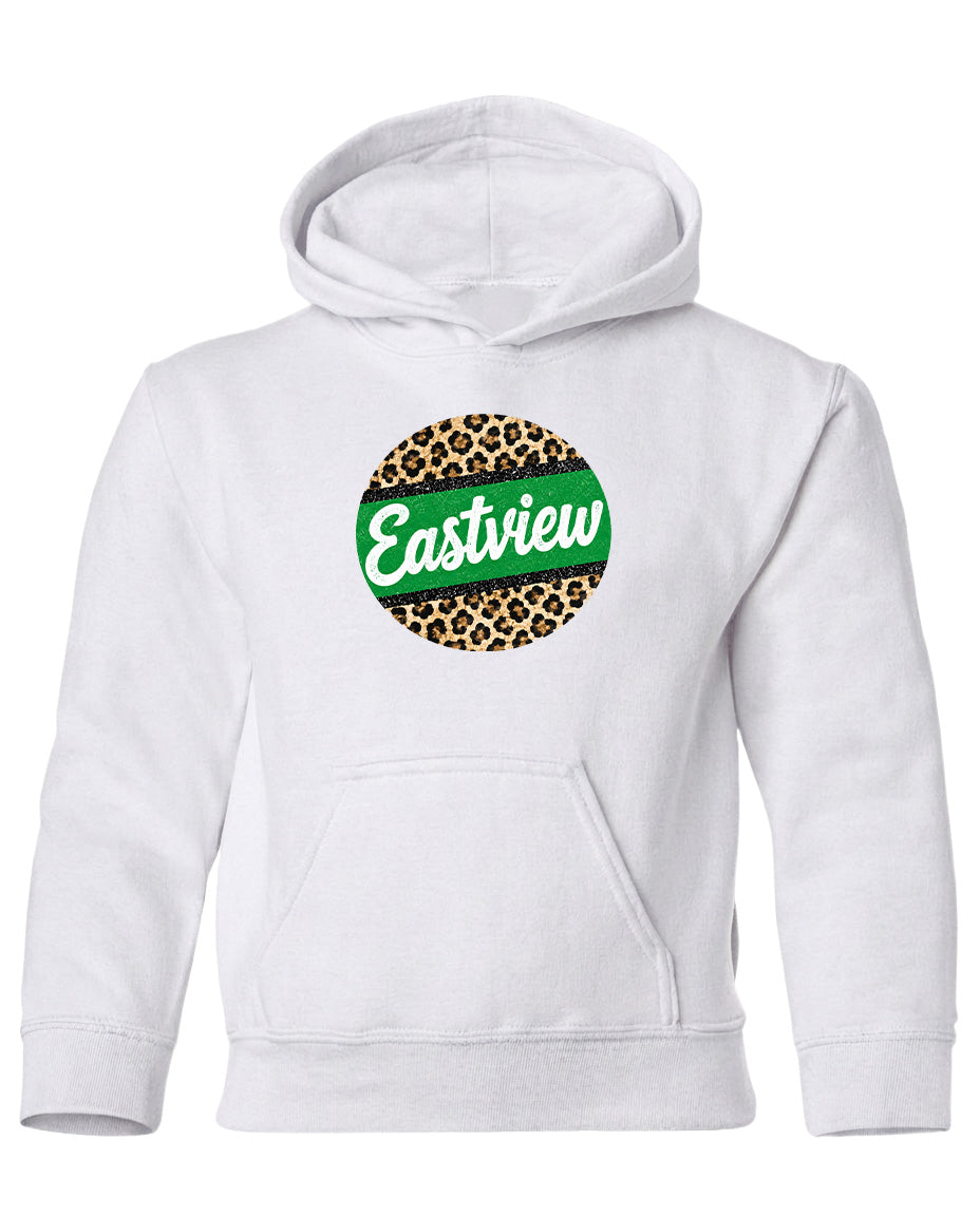 A white hoodie with a circular logo on the front.