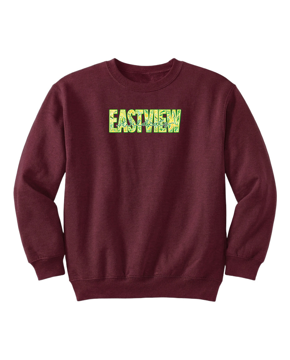 A burgundy sweatshirt with the word "EASTVIEW" printed in green on the front.