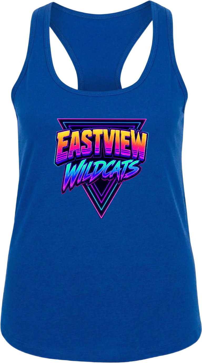 A blue tank top with a graphic design featuring the text "EASTVIEW WILDCATS" in a retro style.