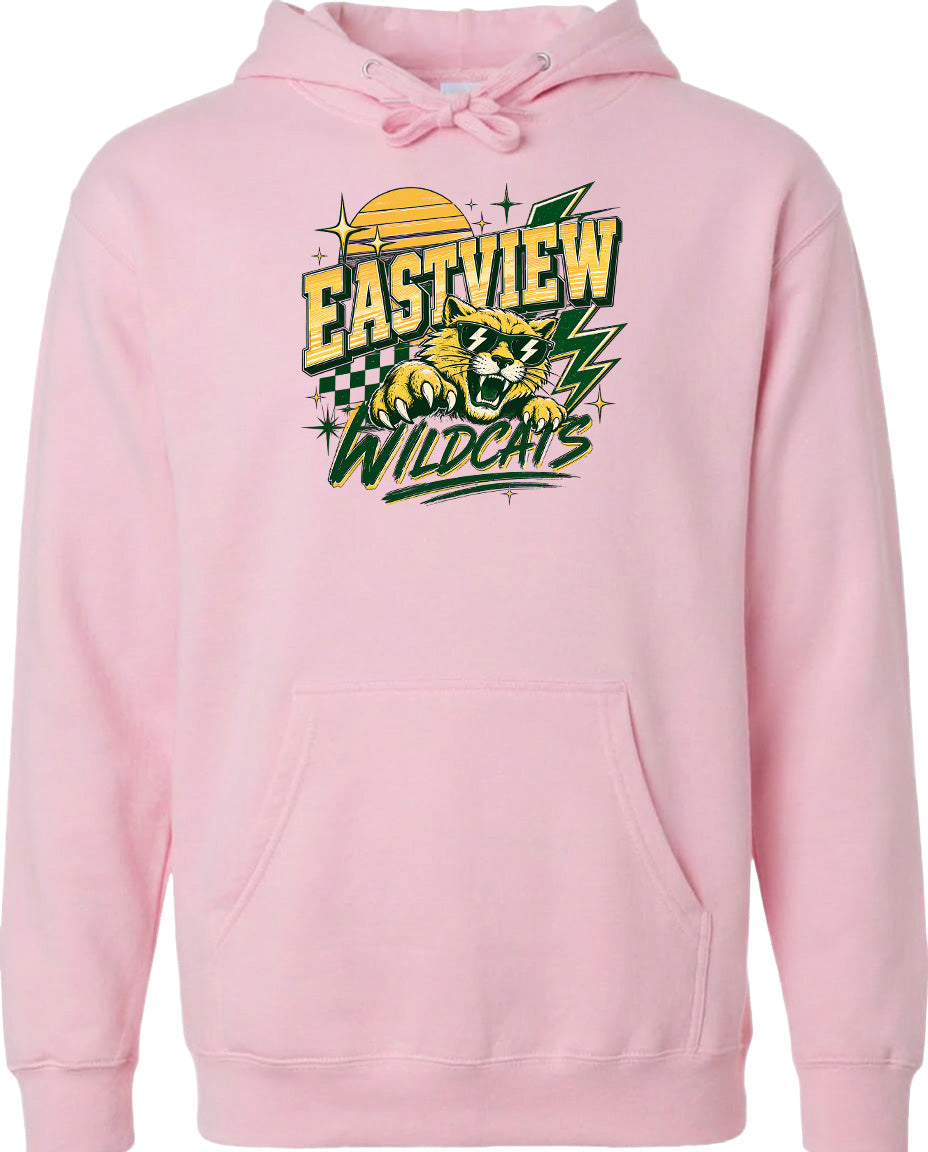 A pink hoodie with a graphic design featuring a panther and the text "EASTVIEW WILDCATS".