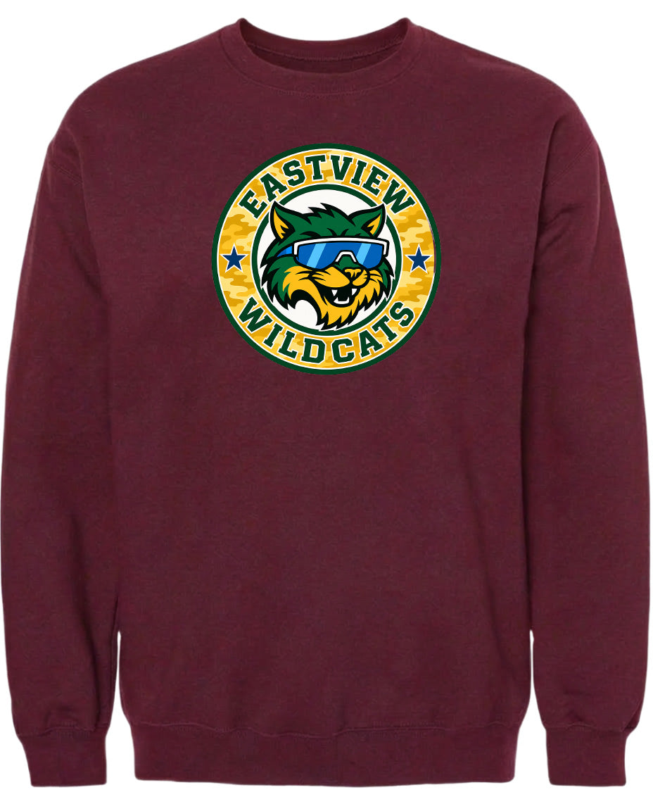 A burgundy-colored sweatshirt with a graphic design featuring a cartoon-style wildcat wearing sunglasses and the text "EASTVIEW WILDCATS" printed on it.