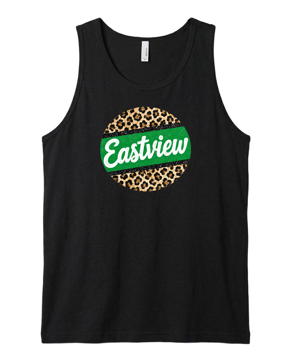 A black tank top with a leopard print design and the word "Eastview" printed on it.