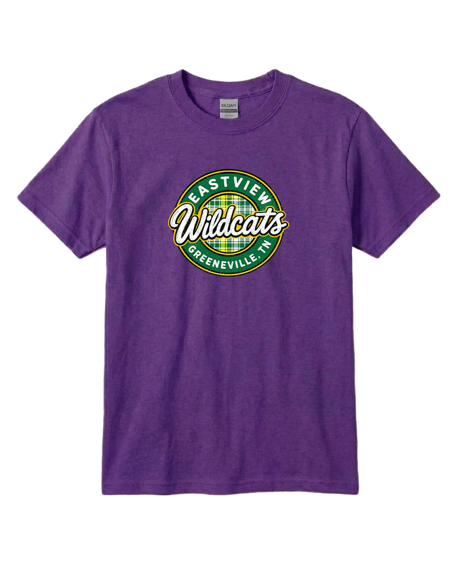 A purple t-shirt with a circular logo that says "Eastview Wildcats Greeneville, TN".