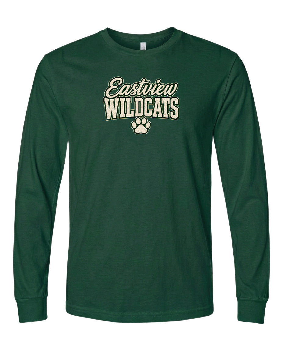 A dark green long-sleeved t-shirt with the text "Eastview Wildcats" printed on it.