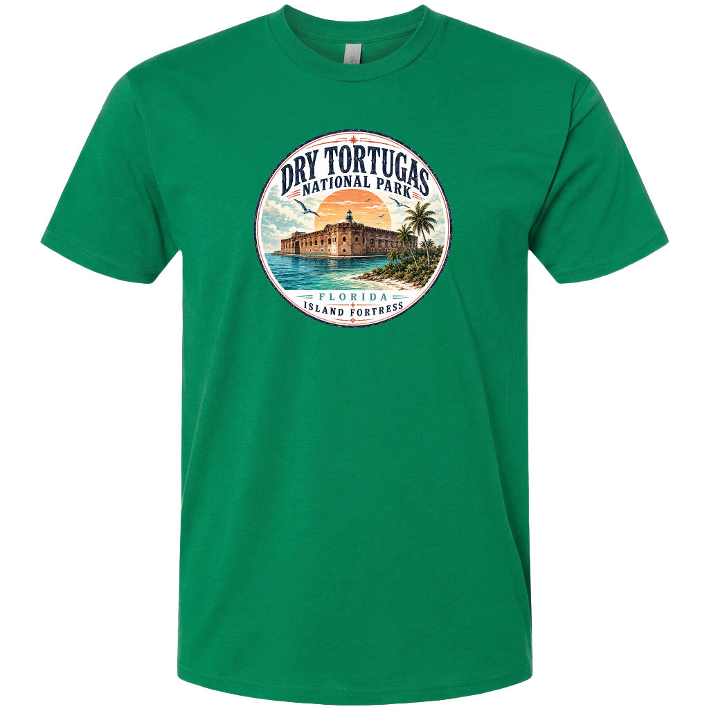 A green t-shirt with a circular graphic design featuring a tropical beach scene with a building and palm trees.