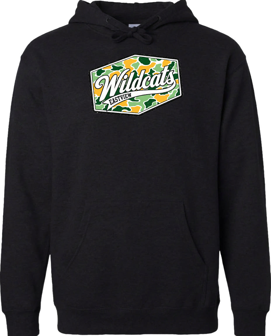 A black hoodie with a graphic design on the front.
