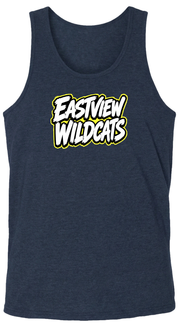 A dark blue tank top with the text "EASTVIEW WILDCATS" printed on it in a stylized font.