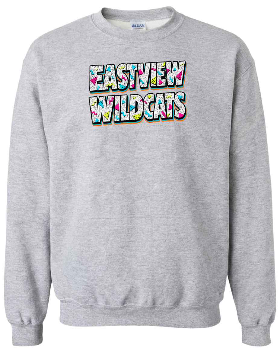 A gray sweatshirt with the text "EASTVIEW WILDCATS" printed on it in a colorful, stylized font.