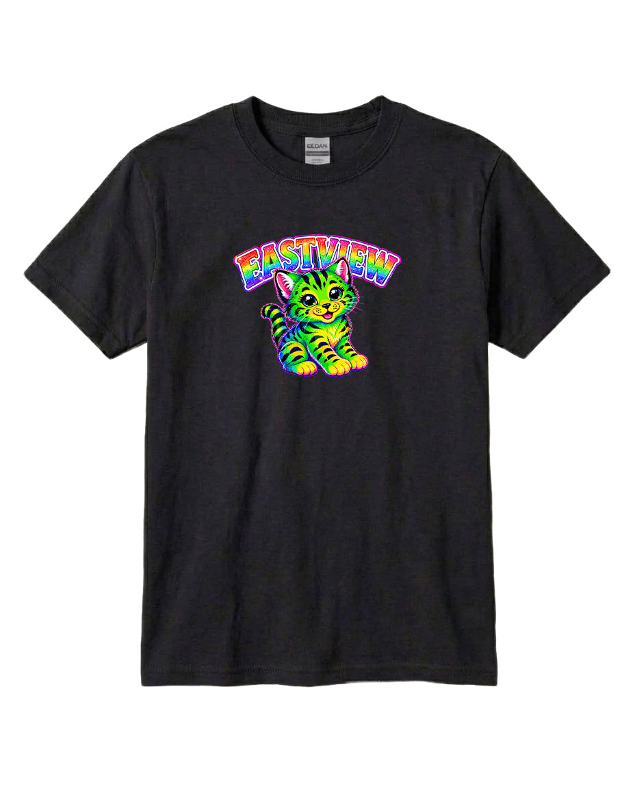 A black t-shirt with a colorful graphic of a cat and the text "EASTVIEW" printed on it.