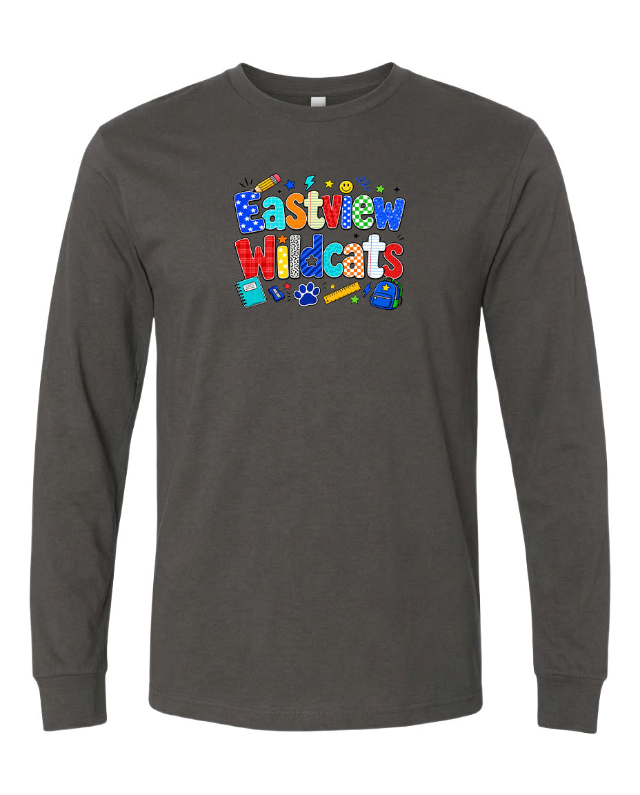 A gray long-sleeved t-shirt with a colorful graphic design featuring the text "Eastview Wildcats" and various school-related icons.