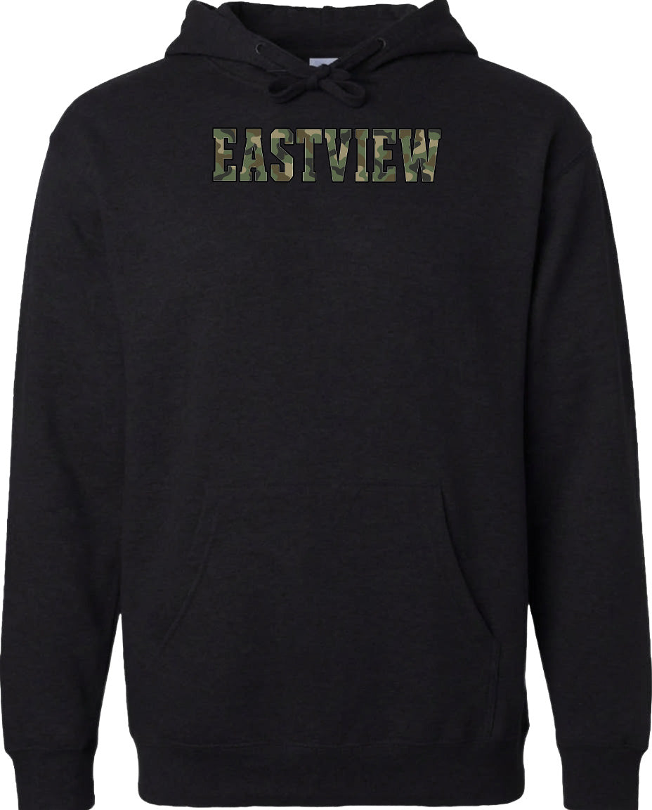 A black hoodie with the word "EASTVIEW" printed on it in a camouflage pattern.
