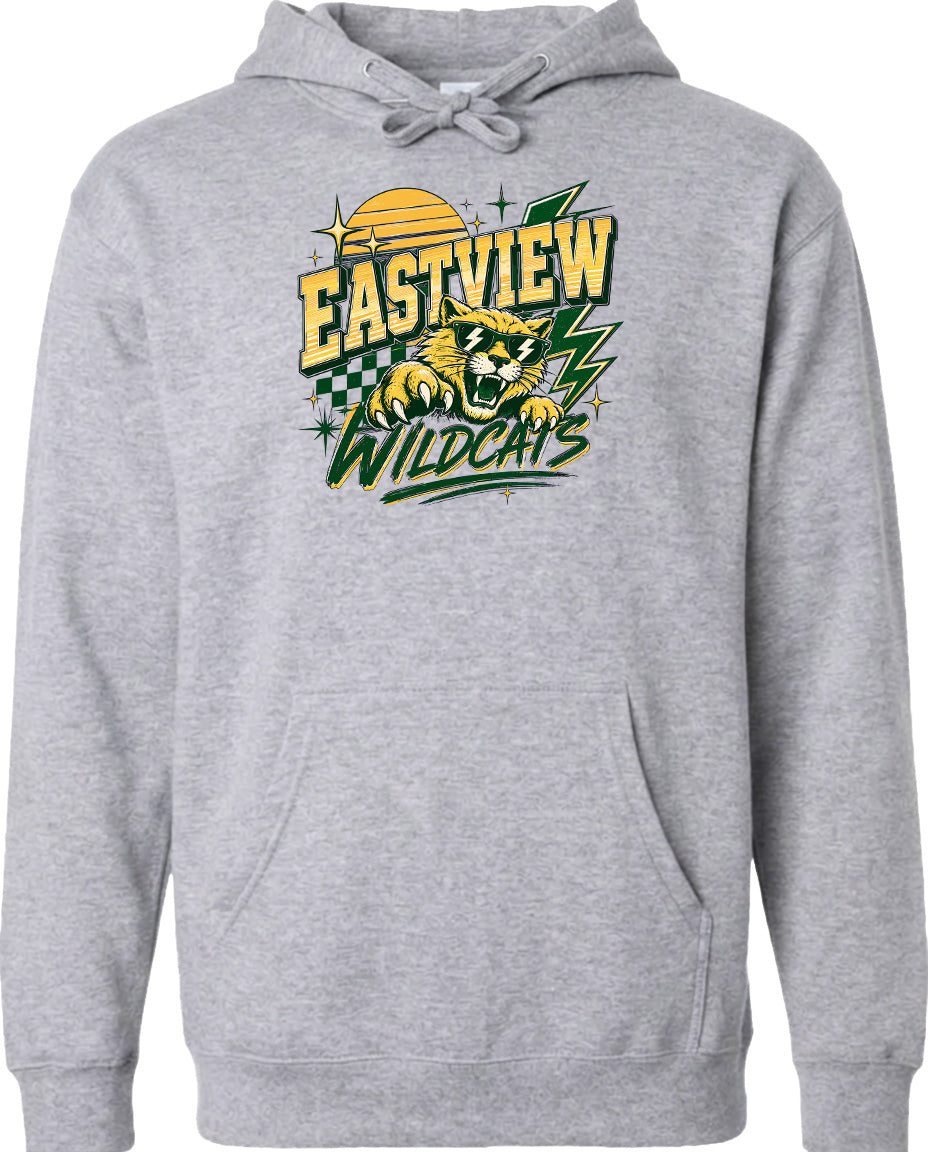 A gray hoodie with a graphic design featuring a tiger and the text "EASTVIEW WILDCATS".